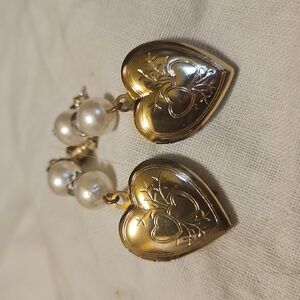 Vintage Gold-tone Heart Locket Earrings with Pearls